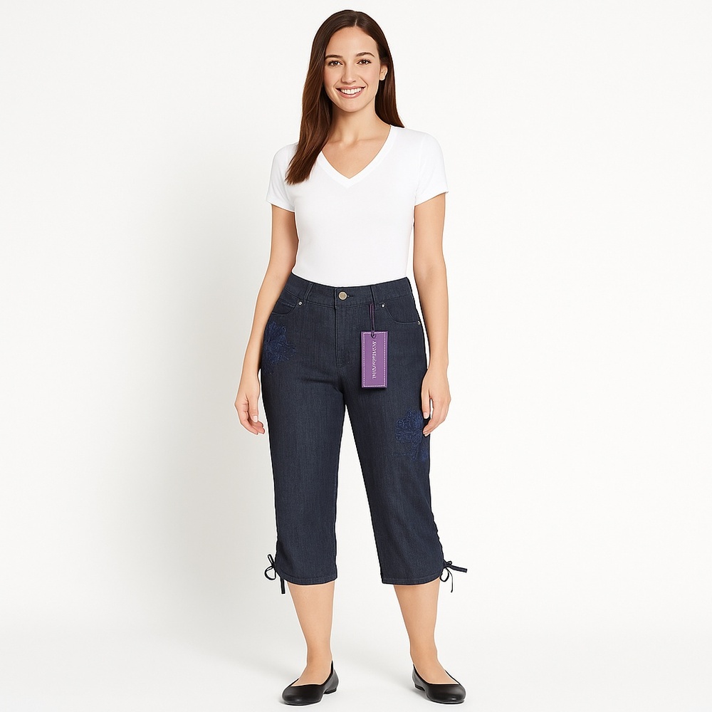 NWT Gloria Vanderbilt Annaliese‎ Denim Capri Pants 8 Blue Embellished Stretch